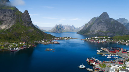 Reine, Lofoten islands, Norway. Aerial landscape with mountains, islands and ocean. Natural landscape from above. Travel concept.