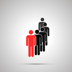 Group of several workers silhouette with red leader, simple black icon with shadow on gray