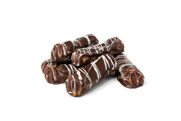 Shortbread cookies with caramel in chocolate glaze isolated on white background.