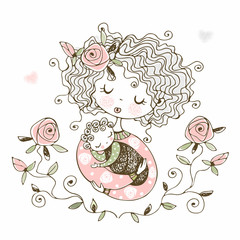 Mother holds her baby in her arms. Mother's day. Vector.