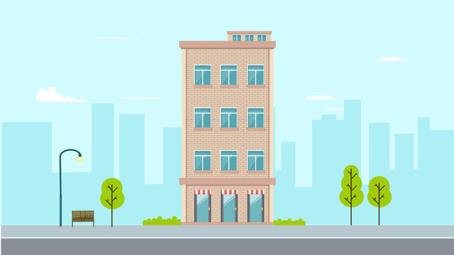 Flat apartment design with town background.Building in flat style with city background.Vector illustration.Modern buiding on street