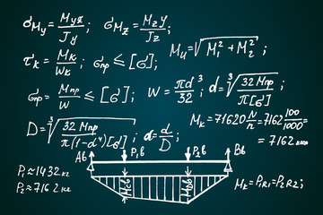 Physical equations, diagrams and formulas on chalkboard. Vector hand-drawn illustration. Education and scientific  background.