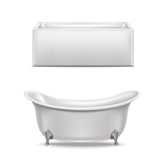 Realistic Detailed 3d White Blank Bathtub Template Mockup Set. Vector