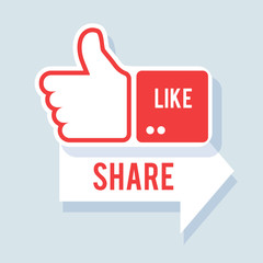 Like and share icon. Social symbol in flat style with shadow. Vector web element, eps 10