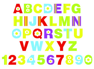 alphabet for children. Kids learning material. Card for learning alphabet and numbers. colored letters and numbers with flowers
