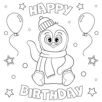 Coloring page, lettering "Happy Birthday"; cute penguin for antistress coloring books; black and white vector illustration.