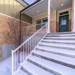 Square frame Fresh white snow covering a flight of steps
