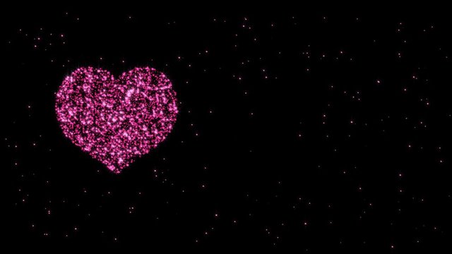 Beautiful moving background with a heart shape of purple glitter particles on a background with pink sparkling stars. For Valentine's day, mother's day, wedding, romantic greetings, Wallpapers, screen