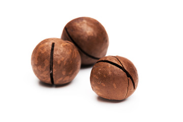 Shelled  macadamia nuts on white background