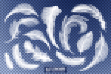 Feathers, white fluffy isolated falling plumes with transparent effect on blue background. Realistic 3D goose bird feather quills with fluff plumage texture, flying and falling abstract shapes design © ilonitta