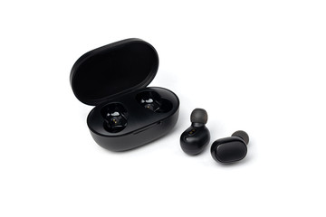 Black wireless headphones isolated on white background.