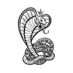 Naklejka premium Snake tattoo art design, vector cobra viper in royal crown with tongue and fangs. Hand drawn Japanese viper snake or rattlesnake in rings, t-shirt print template and biker club sign