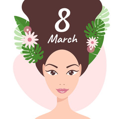 Young girl with tropical leaves, flowers in her hair isolated on a white background, vector flat illustration. March 8 greeting card with text. Happy Women's day concept