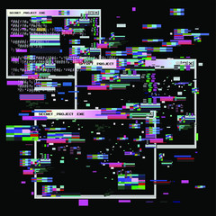 Abstract technology background with User Interface or HUD elements and Pixelated Glitch Effect. Malware damage or hack attack concept. - obrazy, fototapety, plakaty