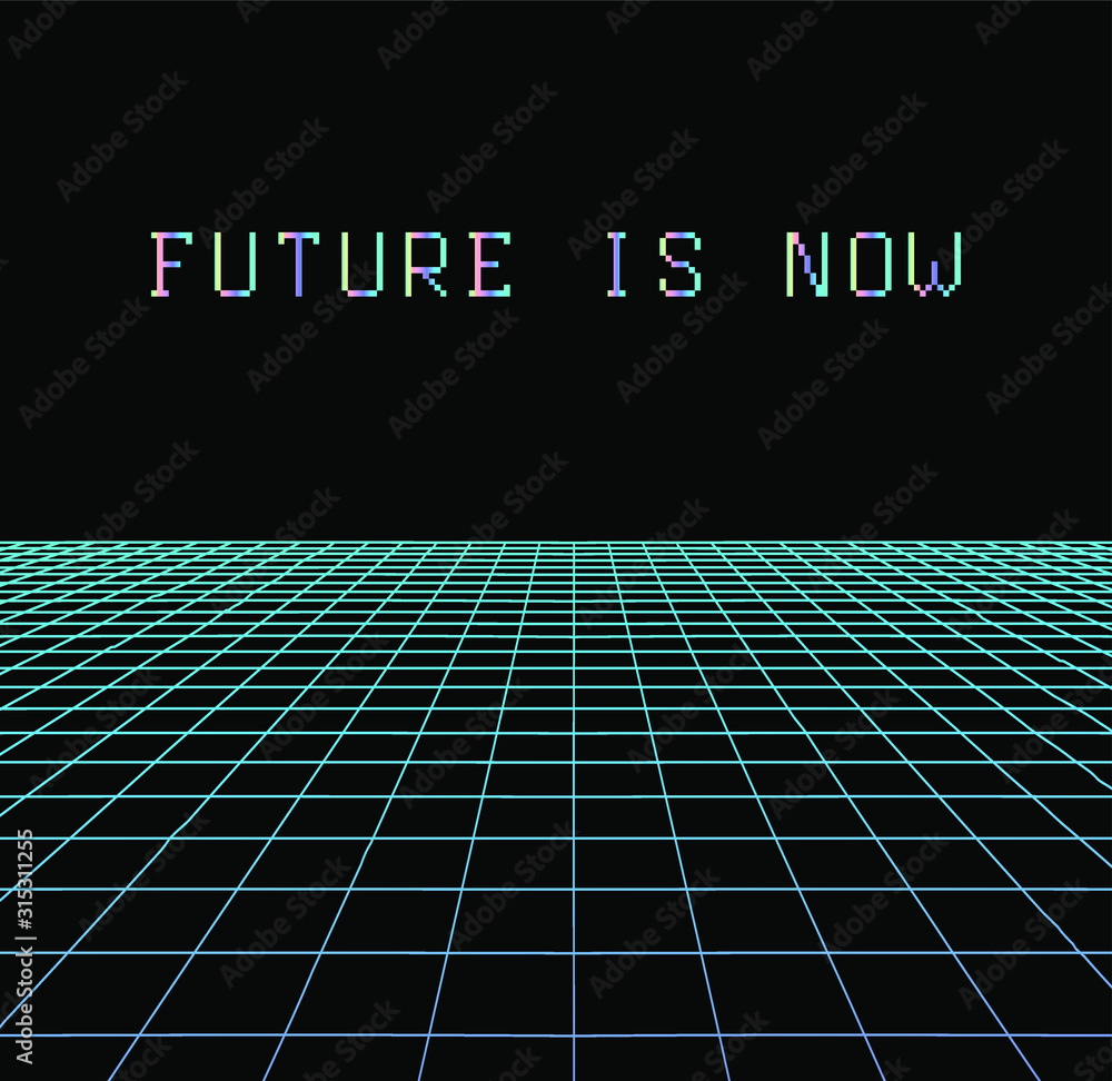 Poster Room or space in virtual reality with 3d perspective laser grid. Retrofuturistic vaporwave and retrowave style like in old 80s-90s acrade games.