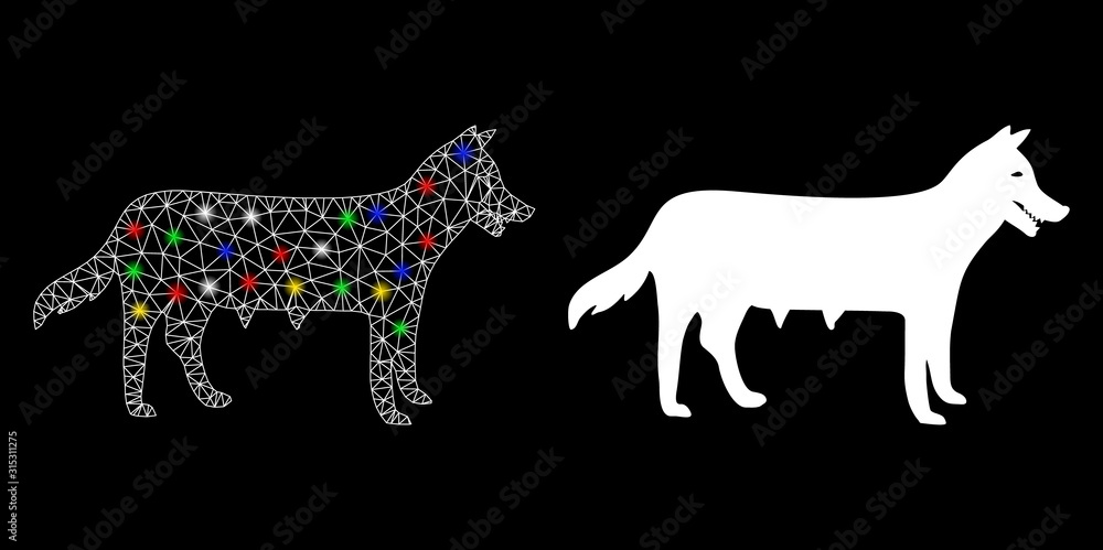 Poster glossy mesh dog bitch icon with lightspot effect. abstract illuminated model of dog bitch. shiny wir