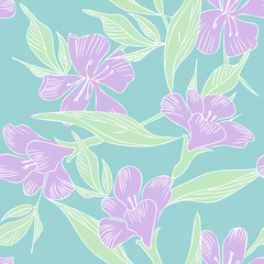 Fototapeta na wymiar Blue Flowers Seamless Pattern. Hand Drawn Vector Background.