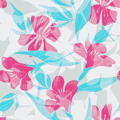 Blue Flowers Seamless Pattern. Hand Drawn Vector Background.