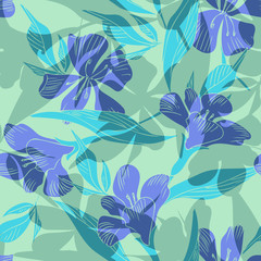 Blue Flowers Seamless Pattern. Hand Drawn Vector Background.