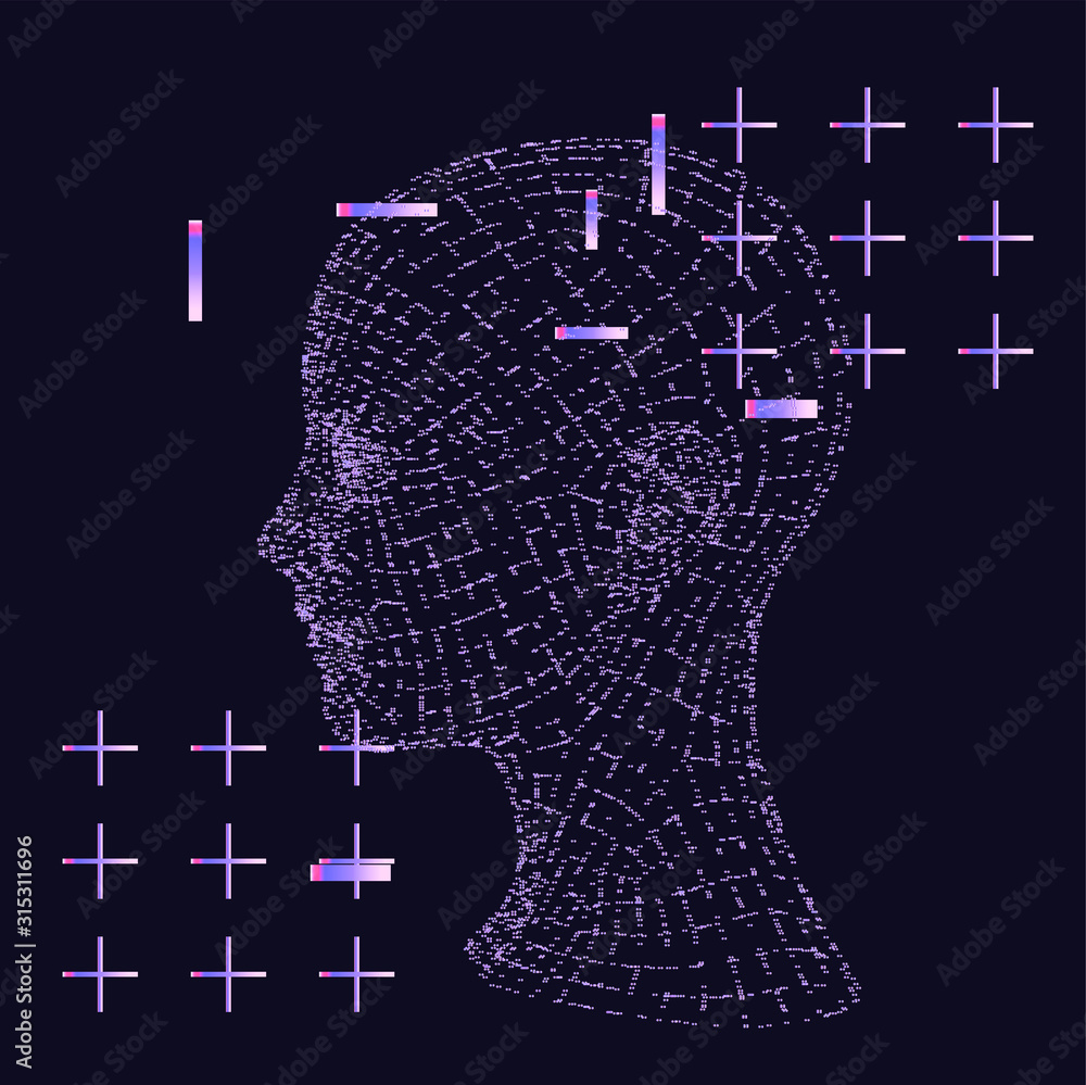 Aufkleber 3d model of human head made of particles and dots. cyberpunk retrofuturistic style illustration for 