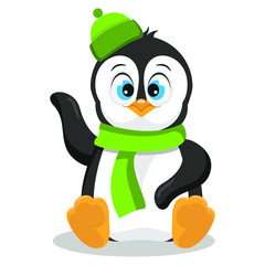Cute happy penguin in green hat and scarf; vector illustration isolated on white.