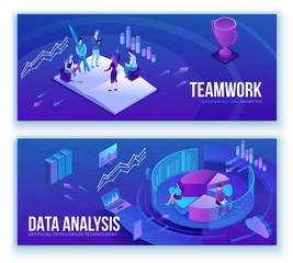 Data analysis, business people analyze diagram, kpi analytics, digital technology in finance, social media marketing banner set concept, big research isometric illustration, teamwork 3d background