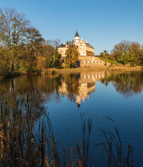 Radun chateau mirroring on pond water ground near Opava city in Czech republic