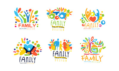Family Labels Original Design Collection, Colorful Hand Drawn Graphic Templates with Happy People Vector Illustration
