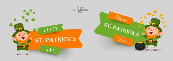 Saint Patricks Day set of paper cut vector banners. Leprechaun with pot of gold juggles with gold coins and clover leaves. Isolated stickers for festive design with funny traditional character - 315312415