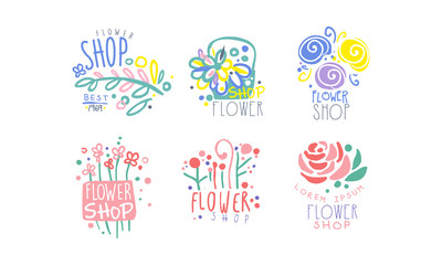 Flower Shop Retro Labels Collection, Colorful Hand Drawn Badges Vector Illustration