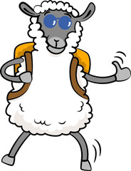 A happy hitchhiker sheep with sunglasses