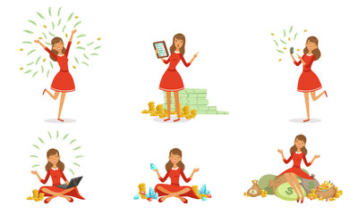 Beautiful Happy Rich Woman Set, Girl Millionaire Character in Red Dress with a Lot of Money Money, Financial Success Vector Illustration