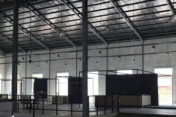 Empty stall and hanging lamps