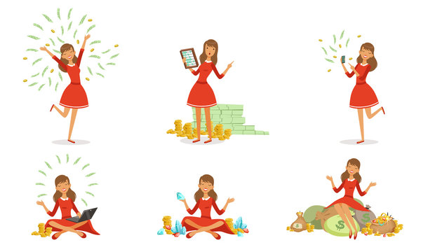 Beautiful Happy Rich Woman Set, Girl Millionaire Character in Red Dress with a Lot of Money Money, Financial Success Vector Illustration