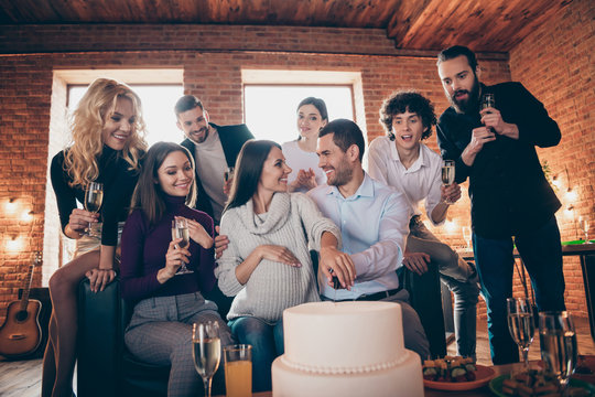 Photo Of Group Best Friends Came To Visit Married Couple Waiting Baby Born Arranging Surprise Baby Party Future Mom Cutting Big Cake Wear Formalwear Indoors