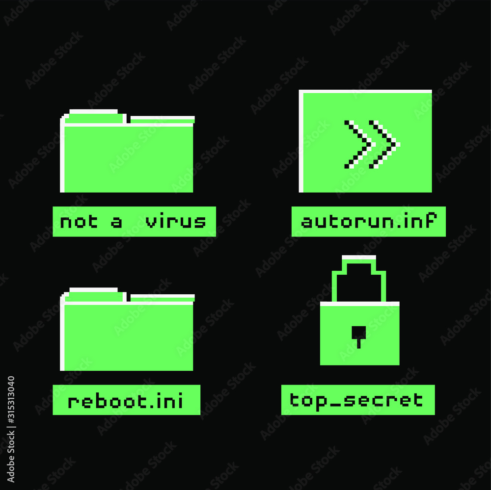 Poster Set of icons in Pixel art style. Malware executive program or hack attack concept.