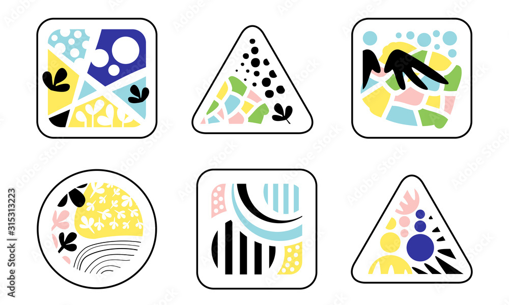 Poster abstract geometric textures of trendy colors in triangle, square and circle geometric shapes vector 