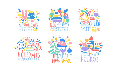 Kid Holdays Labels Original Design Collection, Happy New Year Colorful Hand Drawn Templates Vector Illustration
