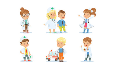 Cute Kids Playing Doctors Set, Adorable Boys and Girls in White Coats Examining and Treating their Patients Vector Illustration