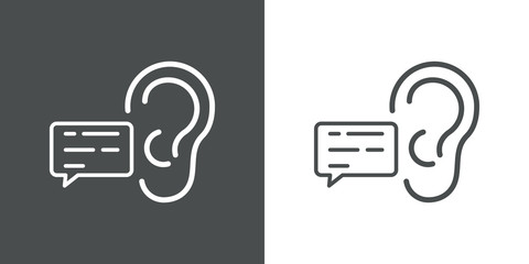Icono plano lineal oreja con burbuja de habla en fondo gris y fondo blanco © teracreonte