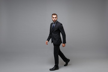 Side view of confident young bearded business man in classic black suit shirt tie posing isolated on grey background. Achievement career wealth business concept. Mock up copy space. Looking camera.