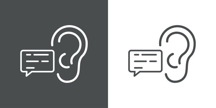 Icono plano lineal oreja con burbuja de habla en fondo gris y fondo blanco