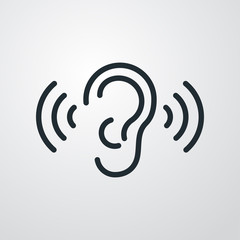 Icono plano lineal oreja con ondas de sonido en fondo gris