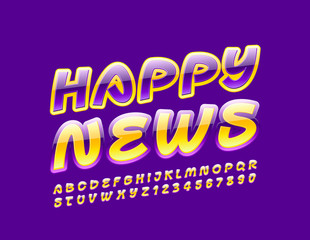 Vector colorful Emblem Happy News. Bright Glossy Font. Creative Alphabet Letters and Numbers.