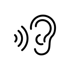 Icono plano lineal oreja con ondas de sonido en color negro