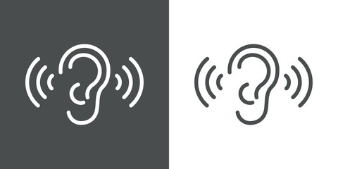 Icono plano lineal oreja con ondas de sonido en fondo gris y fondo blanco