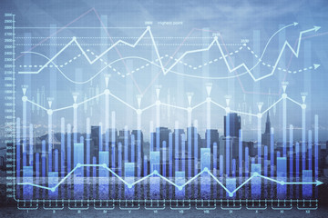 Forex graph on city view with skyscrapers background multi exposure. Financial analysis concept.