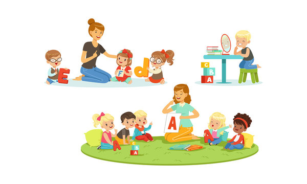Speech Therapist working with Children, Teacher Explaining Alphabet to Kids, Boys and Girls Playing and Studying in Kindergarten or School Vector Illustration