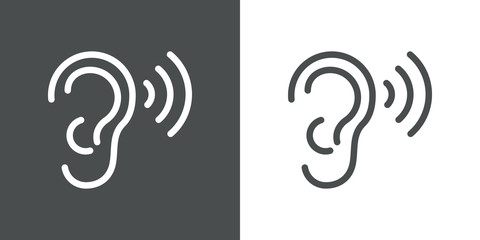 Icono plano lineal oreja con ondas de sonido en fondo gris y fondo blanco © teracreonte