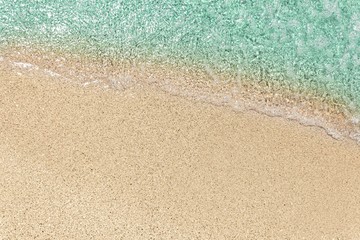 Fototapeta na wymiar blue sea wave on sandy beach background top view with copy space
